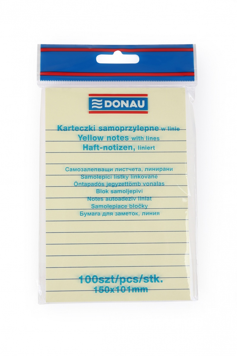Self-adhesive Pad DONAU 101x150mm, ruled, 1x100 sheets, 75gsm, yellow