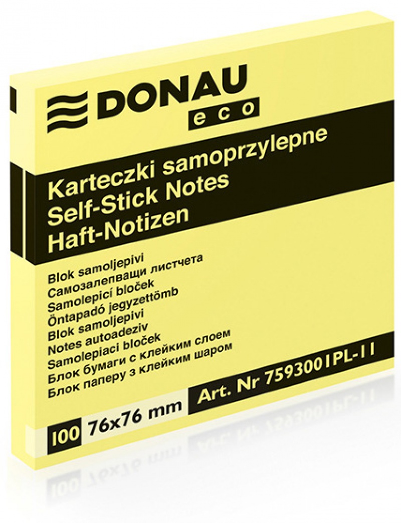 Self-adhesive Pad DONAU Eco, 76x76mm, 1x100 sheets, light yellow