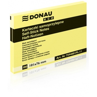 Bloczek samoprzylepny DONAU Eco, 101x76mm, 1x100 kart., jasnożółty, Bloczki samoprzylepne, Papier i etykiety