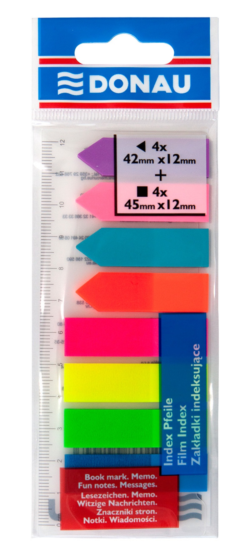 Filing Index Tabs DONAU, PP, 12x45mm/12x42mm, stand. /arrow, 4x25/4x25 cards, assorted colours