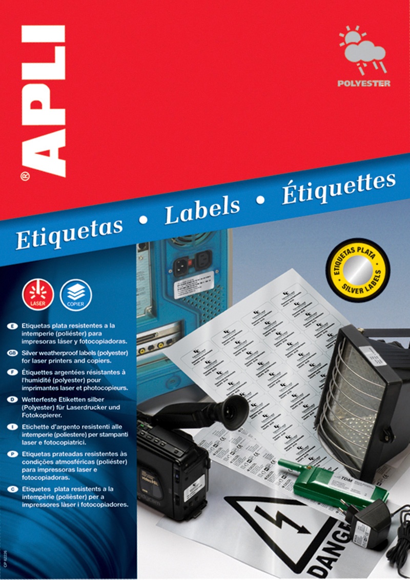 Etykiety poliestrowe APLI, 210x297mm, prostokątne, srebrne, 20 ark., Etykiety samoprzylepne, Papier i etykiety