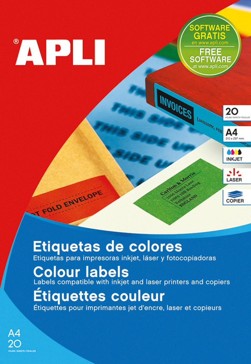 Etykiety kolorowe APLI, 210x297mm, prostokątne, żółte, 20 ark., Etykiety samoprzylepne, Papier i etykiety