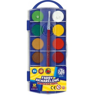 Farby akwarelowe Astra 12 kolorów - fi 23,5 mm z eurozawieszką, Plastyka, Artykuły szkolne