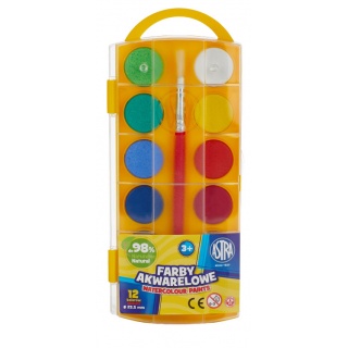 Farby akwarelowe Astra 12 kolorów - fi 23,5 mm z eurozawieszką, Plastyka, Artykuły szkolne