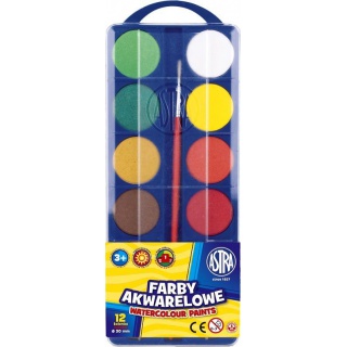 Farby akwarelowe Astra 12 kolorów - fi 30,0 mm z eurozawieszką, Plastyka, Artykuły szkolne