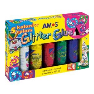 Klej z brokatem AMOS GCL120P5 - 120ml x 5 kolorów, Produkty kreatywne, Artykuły szkolne