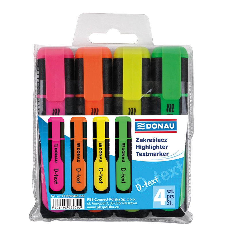 Zakreślacz fluorescencyjny DONAU D-Text, 1-5mm (linia), 4szt., mix kolorów, Textmarkery, Artykuły do pisania i korygowania