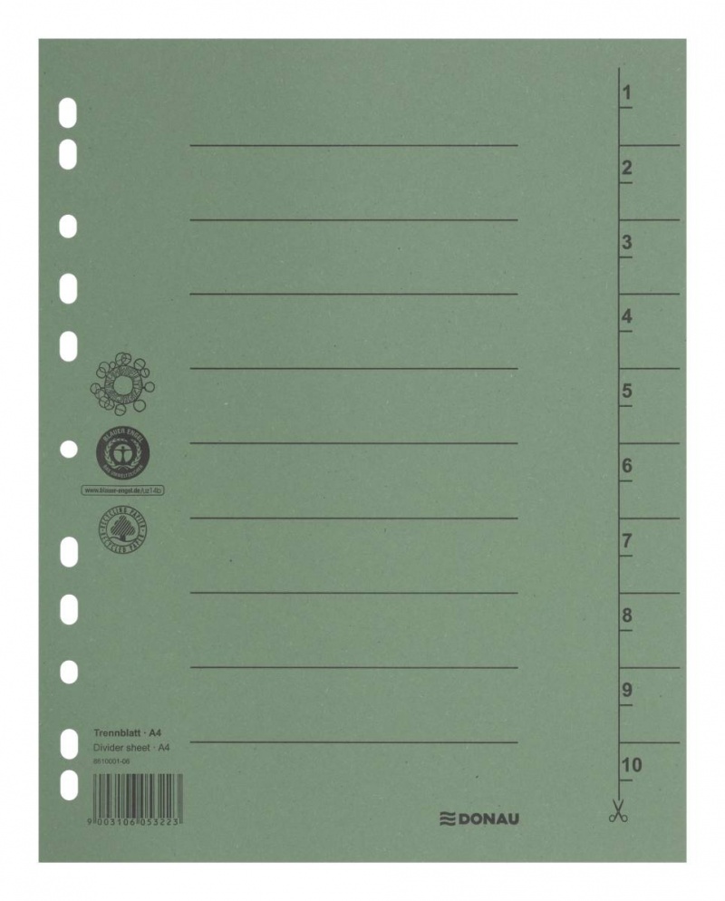 Dividers DONAU, cardboard, A4, 235x300mm, 1-10, 10 sheets, green