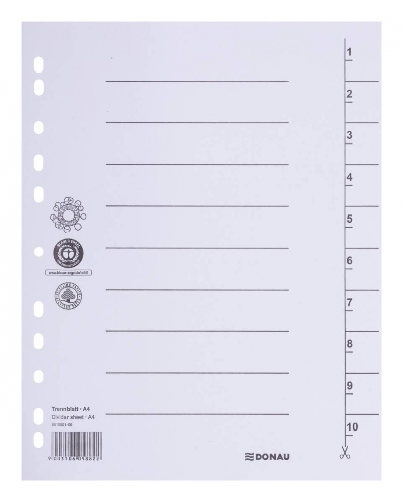 Dividers DONAU, cardboard, A4, 235x300mm, 1-10, 10 sheets, white