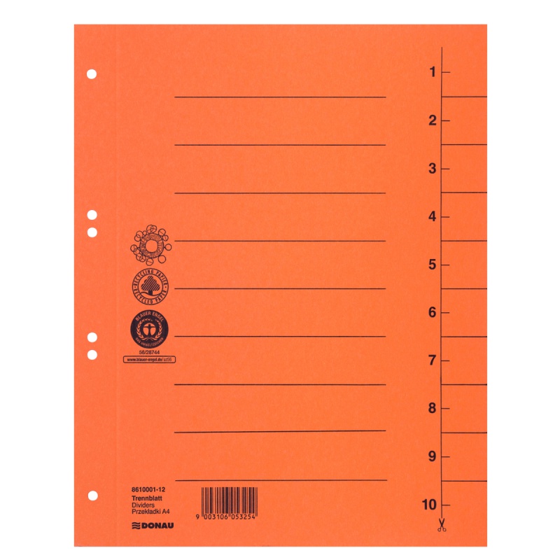 Przekładka DONAU, karton, A4, 235x300mm, 1-10, 1 karta, pomarańczowa, Przekładki kartonowe, Archiwizacja dokumentów