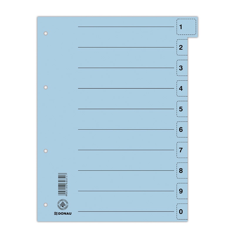 Dividers cardboard 1/3 A4 235x300mm 0-9 10 multipunched sheets blue