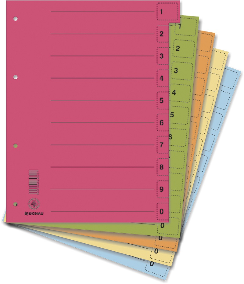 Dividers DONAU, cardboard, 1/3 A4, 235x300mm, 0-9, 10 multipunched sheets, 50pcs, assorted colours