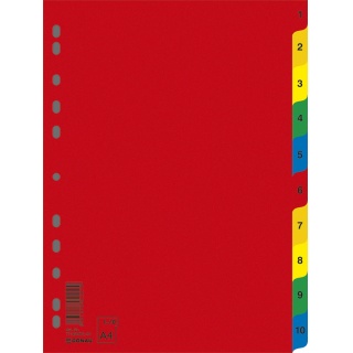 Przekładki DONAU, PP, A4, 230x297mm, 1-10, 10 kart, mix kolorów, Przekładki polipropylenowe, Archiwizacja dokumentów
