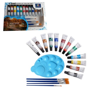 FARBY AKRYLOWE 12 KOLOR&Oacute;W 12ml + 4 PĘDZLE, Farby, Plastyka