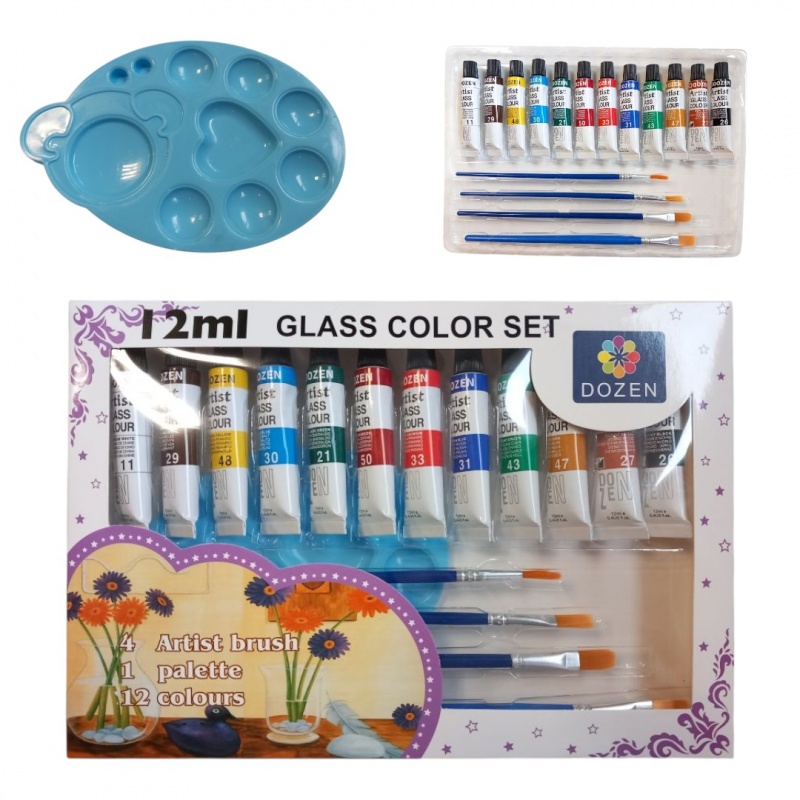 FARBY DO SZKŁA 12 KOLOR&Oacute;W + PĘDZLE