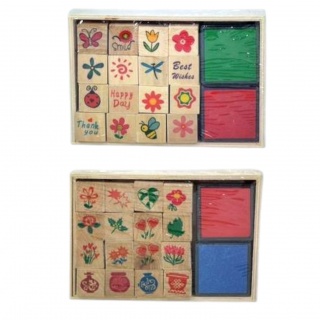 PIECZĄTKI DREWNIANE 16szt+2poduszki, Kreatywne, Zabawki