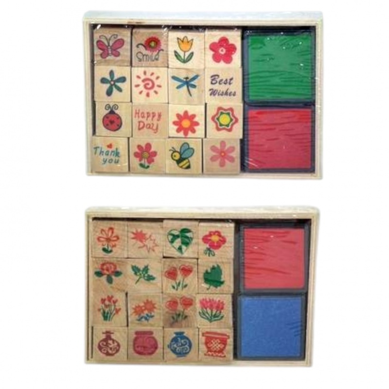 PIECZĄTKI DREWNIANE 16szt+2poduszki, Kreatywne, Zabawki