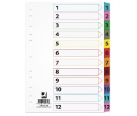 Dividers Q-CONNECT Mylar, cardboard, A4, 225x297mm, 1-12, 12pcs, laminated index tabs, assorted colours