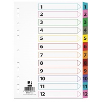 Dividers Q-CONNECT Mylar, cardboard, A4, 225x297mm, 1-12, 12pcs, laminated index tabs, assorted colours