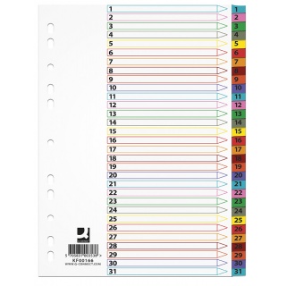 Przekładki Q-CONNECT Mylar, karton, A4, 225x297mm, 1-31, 31 kart, lam. indeks, mix kolorów, Przekładki kartonowe, Archiwizacja dokumentów