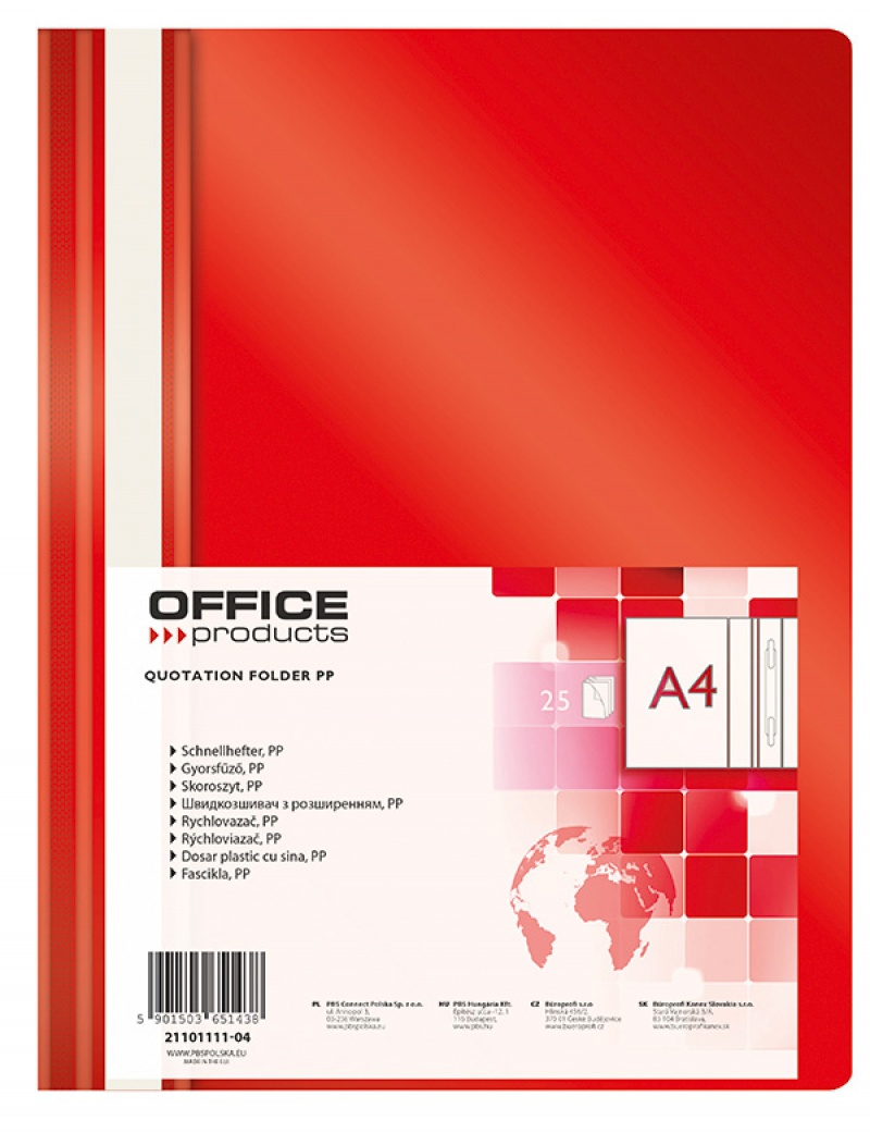 Skoroszyt OFFICE PRODUCTS, PP, A4, miękki, 100/170mikr., czerwony, Skoroszyty podstawowe, Archiwizacja dokumentów