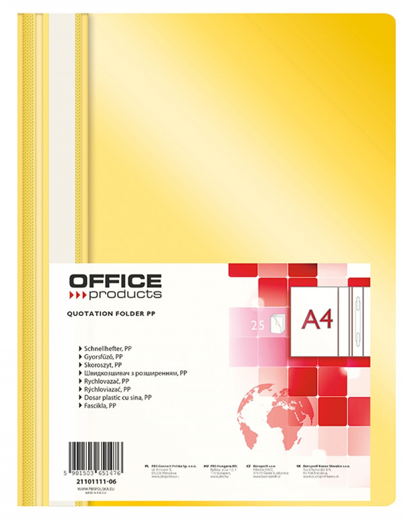 Skoroszyt OFFICE PRODUCTS, PP, A4, miękki, 100/170mikr., żółty, Skoroszyty podstawowe, Archiwizacja dokumentów