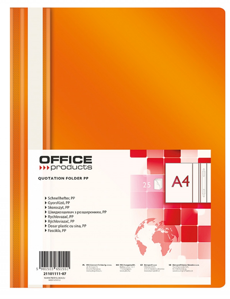 Skoroszyt OFFICE PRODUCTS, PP, A4, miękki, 100/170mikr., pomarańczowy, Skoroszyty podstawowe, Archiwizacja dokumentów