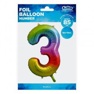 Balon foliowy Cyfra 3, tęczowa, 85 cm, Balony, Artykuły dekoracyjne