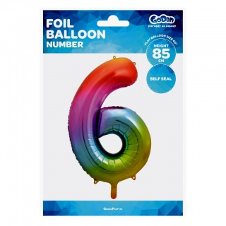 Balon foliowy Cyfra 6, tęczowa, 85 cm, Balony, Artykuły dekoracyjne