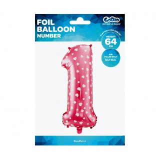 Balon foliowy "Cyfra 1", różowa w serca, 61 cm, Balony, Artykuły dekoracyjne