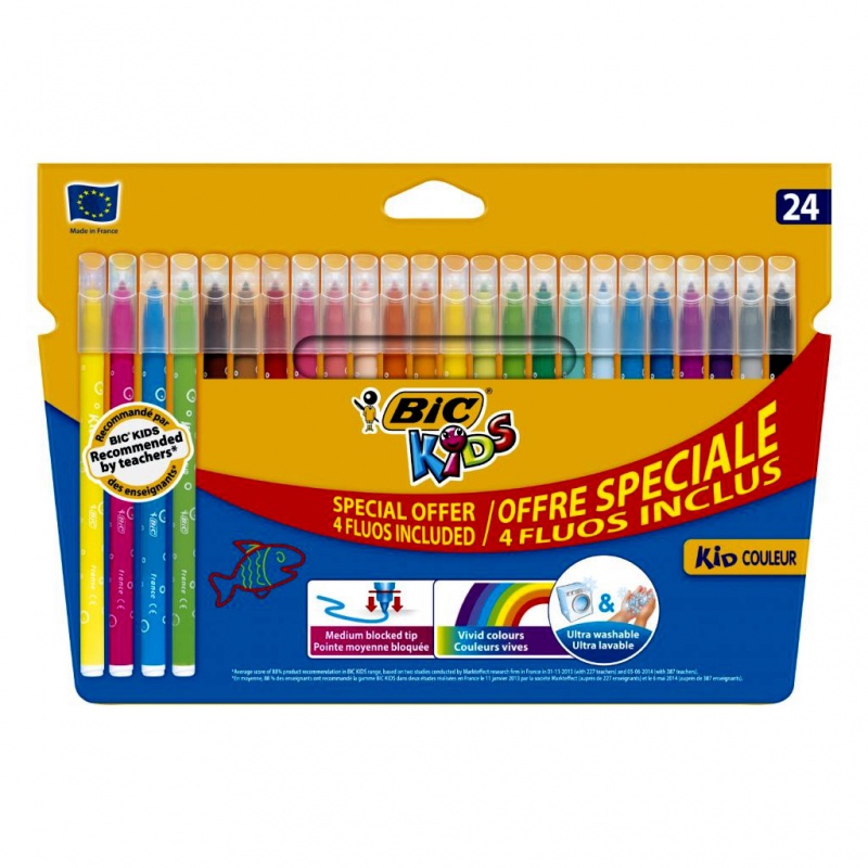 BIC Kids Kid Couleur Fluo Flamastry 24 kolory, Flamastry, Artykuły szkolne