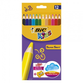 BIC Kids Super Soft Kredki ołówkowe 12 kolorów + temperówka, Plastyka, Artykuły szkolne