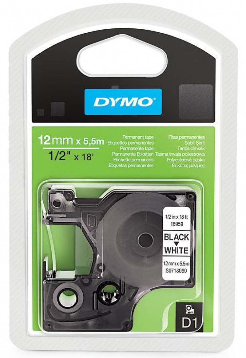 TAŚMA D1 12mm/5,5m POLIESTR. CZARNY/BIAŁY S0718060, Taśmy, Materiały eksploatacyjne
