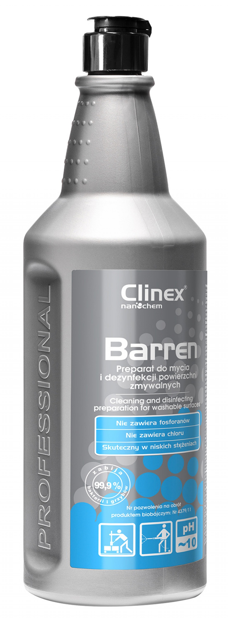 Preparat do mycia i dezynfekcji CLINEX Barren 70-635 1L, do powierzchni zmywalnych, Środki czyszczące, Artykuły higieniczne i dozowniki