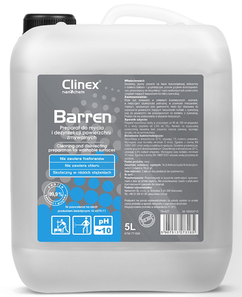 Preparat do mycia i dezynfekcji CLINEX Barren 70-636 5L, do powierzchni zmywalnych, Środki czyszczące, Artykuły higieniczne i dozowniki