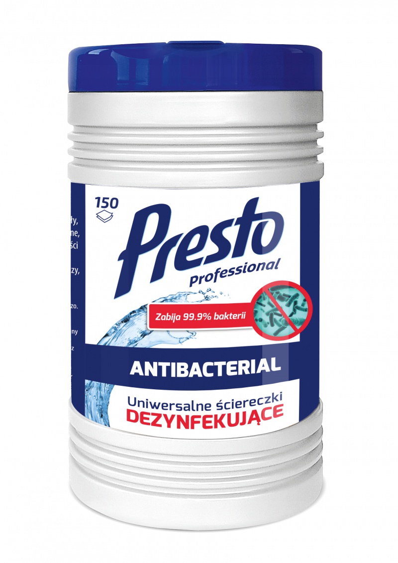 Uniwersalne ściereczki dezynfekujące PRESTO 2w1, w tubie, 150szt., białe, Akcesoria do sprzątania, Artykuły higieniczne i dozowniki
