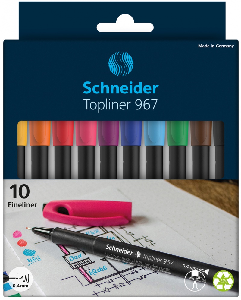 Fineliner set SCHNEIDER Topliner 967, 0,4 mm, 10 pieces, box with pendant, color mix