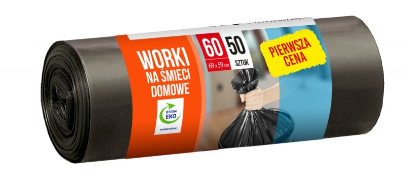 Worki na śmieci PIERWSZA CENA, domowe, 60 l, 50 szt., czarne, Worki, Artykuły higieniczne i dozowniki, EKO-CERT