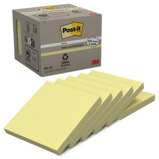 Karteczki samoprzylepne POST-IT&reg; Recycled Notes (654-1B), 76x76mm, 6x100 kart., ż&oacute;łte, Bloczki samoprzylepne, Papier i etykiety, EKO-CERT