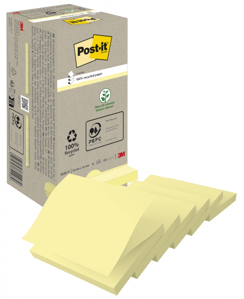 Karteczki samoprzylepne POST-IT&reg; Recycled Z-Notes  (R330-1T), 76x76mm, 16x100 kart., ż&oacute;łty, Bloczki samoprzylepne, Papier i etykiety, EKO-CERT