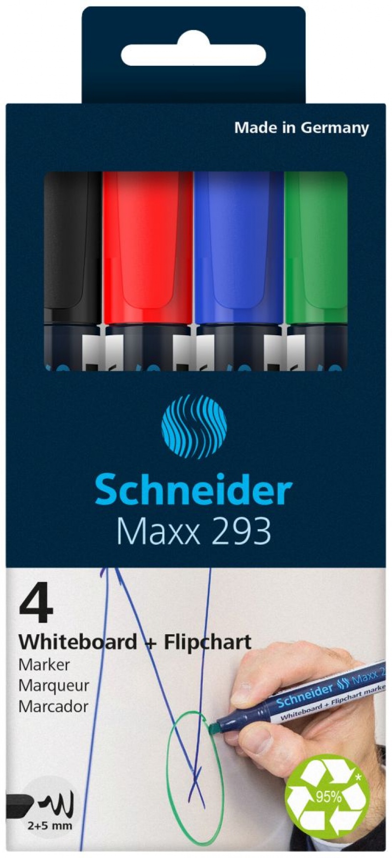 Zestaw markerów do tablic SCHNEIDER Maxx 293, 2-5 mm, 4 szt., pudełko z zawieszką, mix kolorów, Markery, Artykuły do pisania i korygowania, EKO-CERT