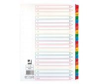 Dividers, Q-CONNECT Mylar, cardboard, A4, 225x297mm, A-Z, 21 cards, laminated, index, assorted colours