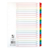 Dividers, Q-CONNECT Mylar, cardboard, A4, 225x297mm, A-Z, 21 cards, laminated, index, assorted colours