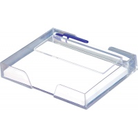 Desktop organizer, with a pen and small sheets, transparent