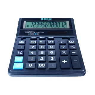 Kalkulator biurowy DONAU TECH, 12-cyfr. wyświetlacz, wym. 203x158x31 mm, czarny, Kalkulatory, Urządzenia i maszyny biurowe