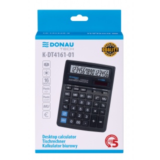 Kalkulator biurowy DONAU TECH, 16-cyfr. wyświetlacz, wym. 190x143x40 mm, czarny, Kalkulatory, Urządzenia i maszyny biurowe