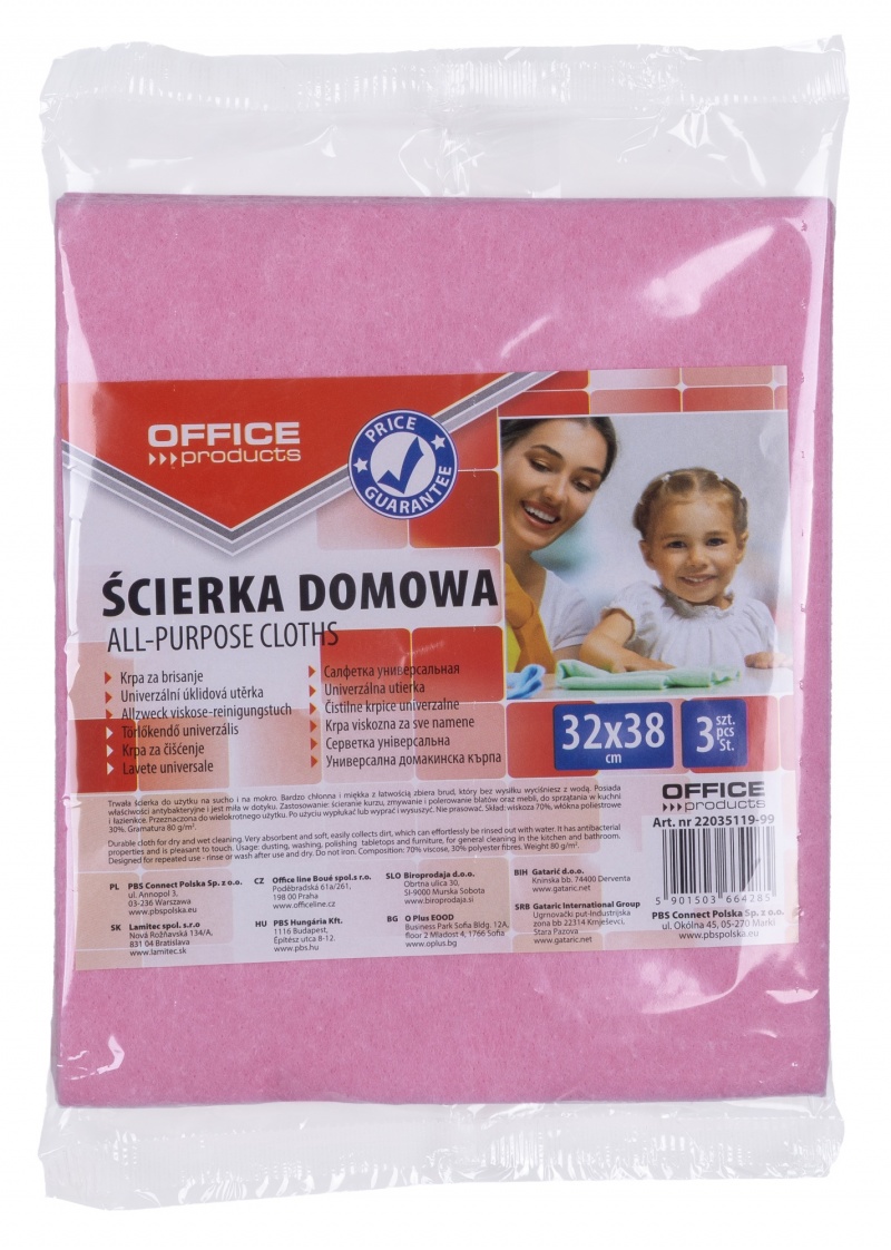 Ścierka domowa OFFICE PRODUCTS, wiskoza 70%, gr. 80g/mkg, 32x38cm, 3szt., mix kolorów, Akcesoria do sprzątania, Artykuły higieniczne i dozowniki