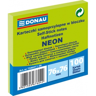 Bloczek samoprzylepny DONAU, 76x76mm, 1x100 kart., neon, zielony, Bloczki samoprzylepne, Papier i etykiety