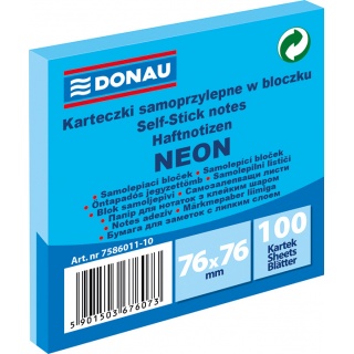 Bloczek samoprzylepny DONAU, 76x76mm, 1x100 kart., neon, niebieski, Bloczki samoprzylepne, Papier i etykiety