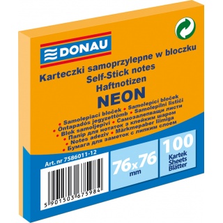 Bloczek samoprzylepny DONAU, 76x76mm, 1x100 kart., neon, pomarańczowy, Bloczki samoprzylepne, Papier i etykiety